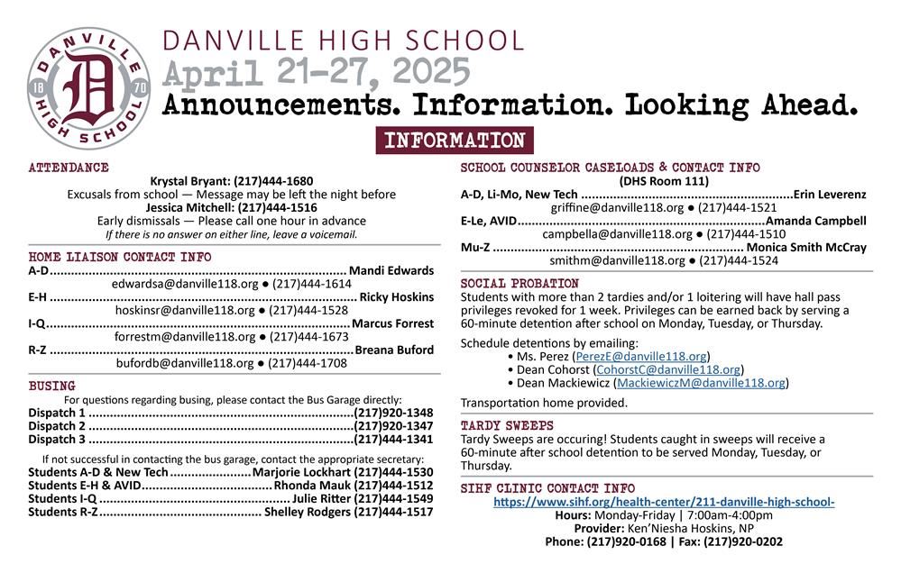  Announcements.  Information.  Looking Ahead.